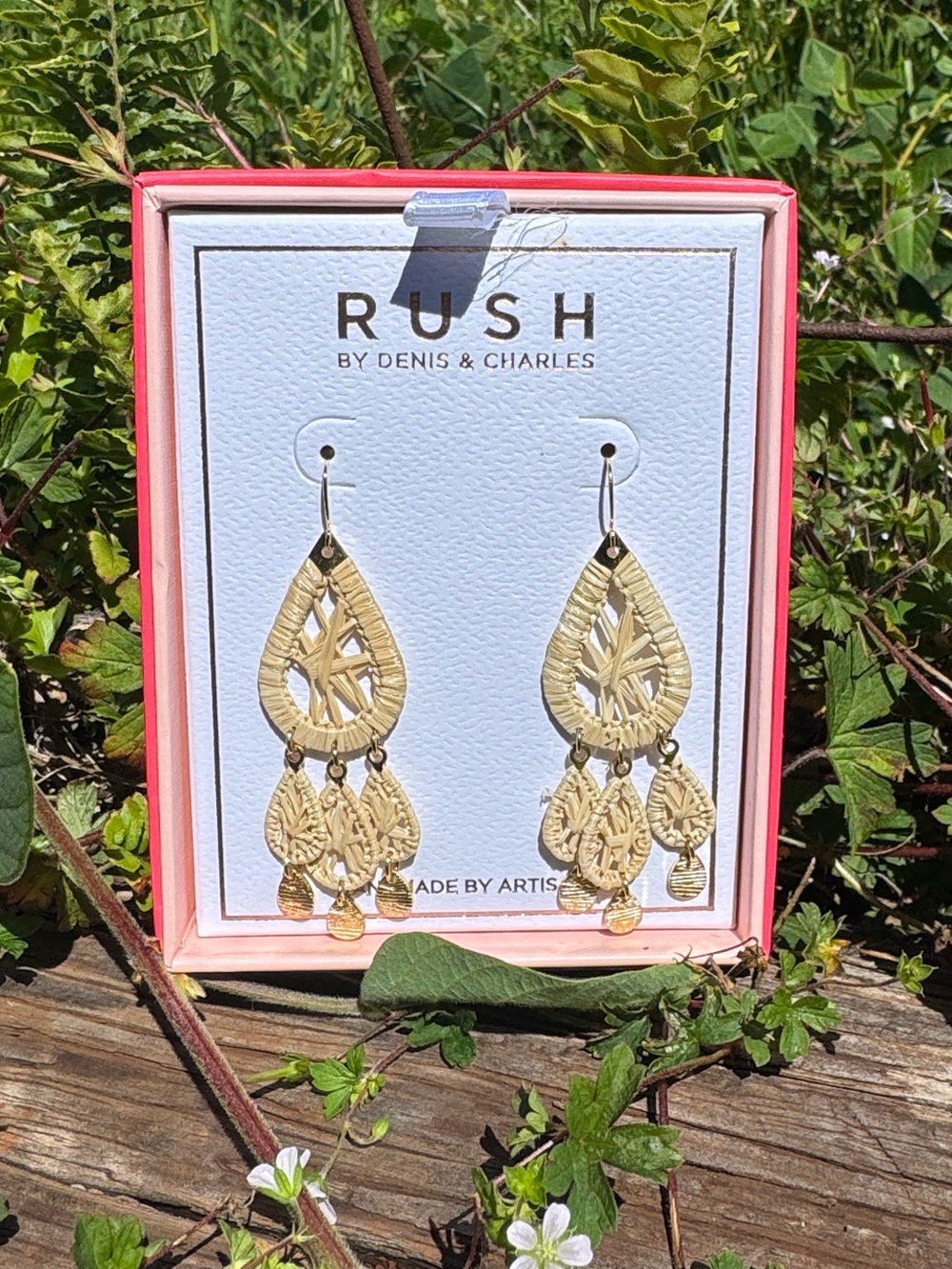 RUSH By Denis & Charles Raffia Neutral Gold boho Chic Handmade Dangle Earrings